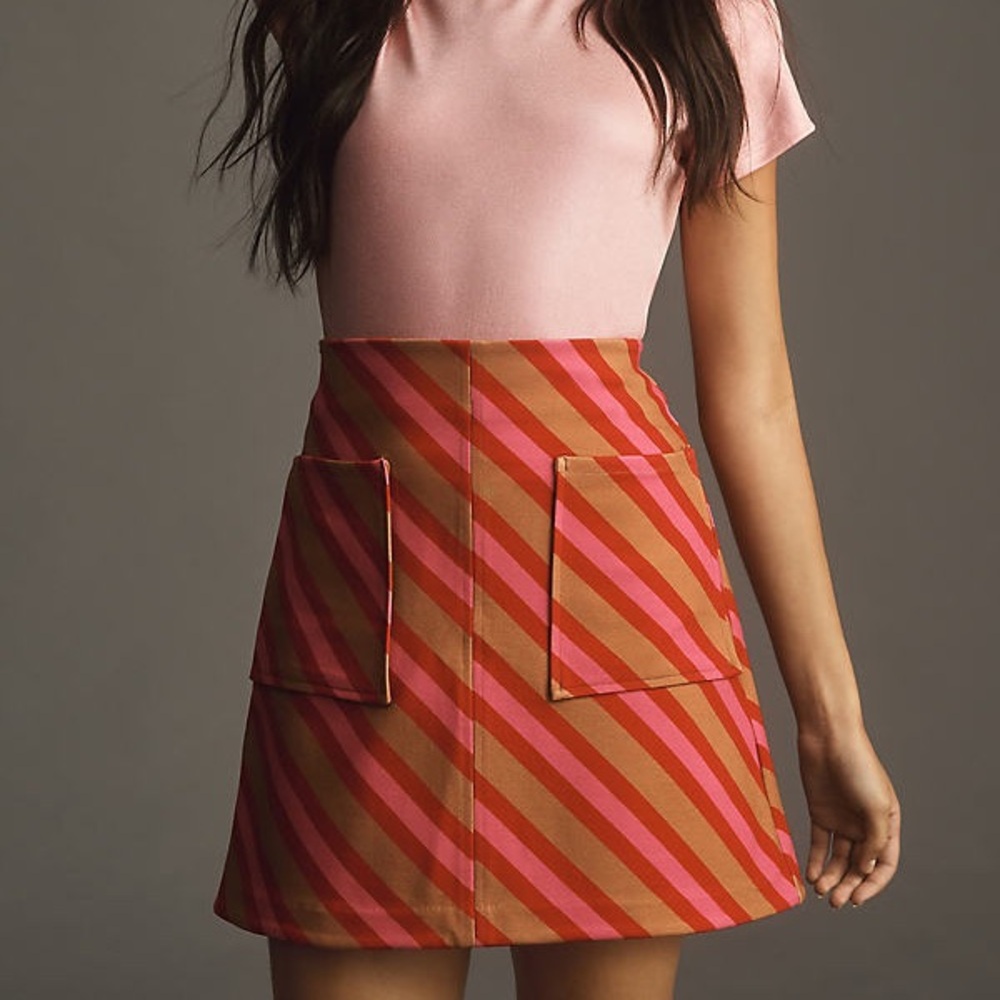 Maeve Anthropologie Marisela Striped Mini Skirt XS Pink Red Camel